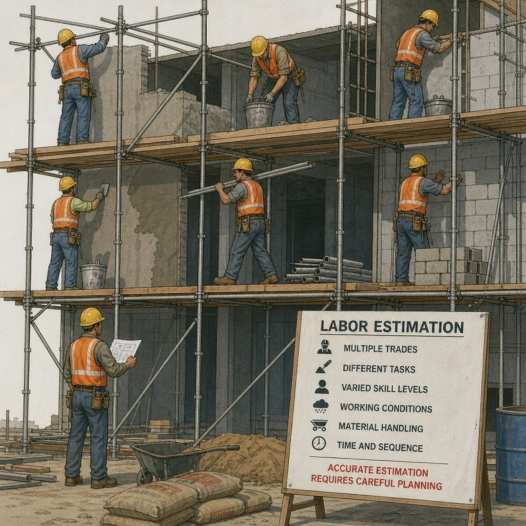 Construction workers on scaffolding, illustrating the complexities of labor estimation