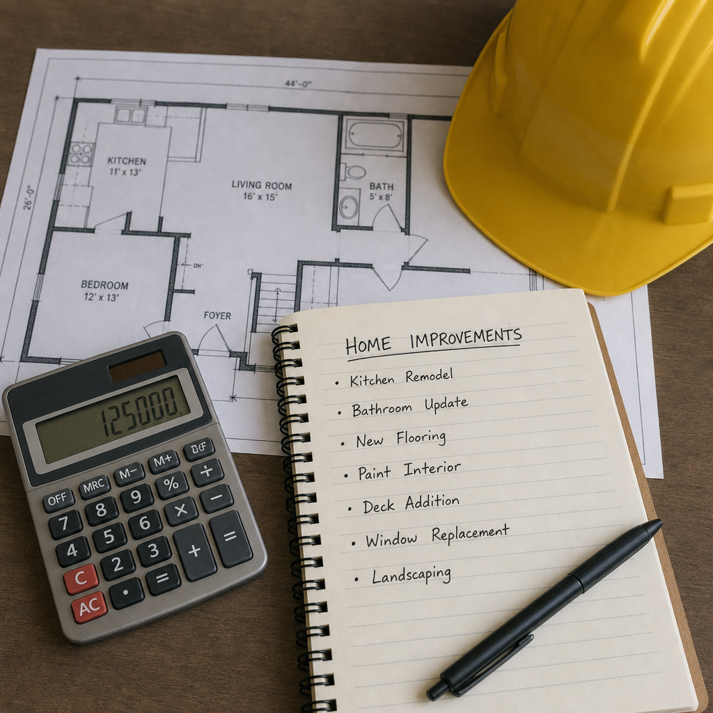 Architectural plans, a hard hat, and a calculator on a desk outlining home improvements