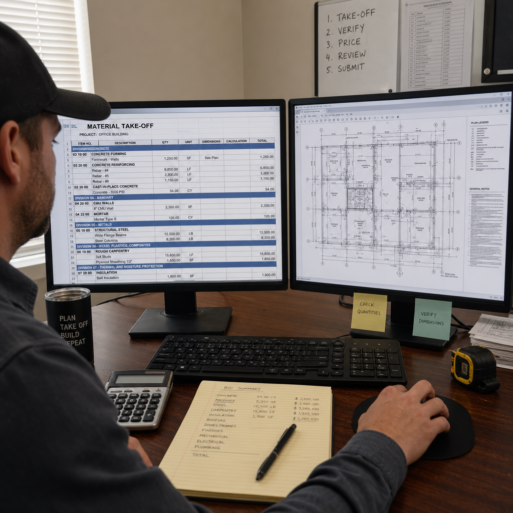 Detailed material take-off process for accurate bidding displayed on dual computer monitors