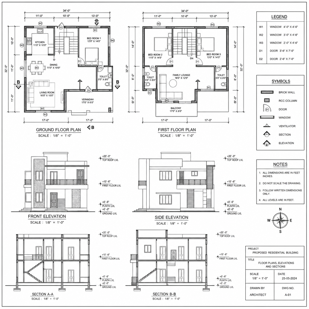 Detailed architectural blueprints showing floor plans and elevation symbols