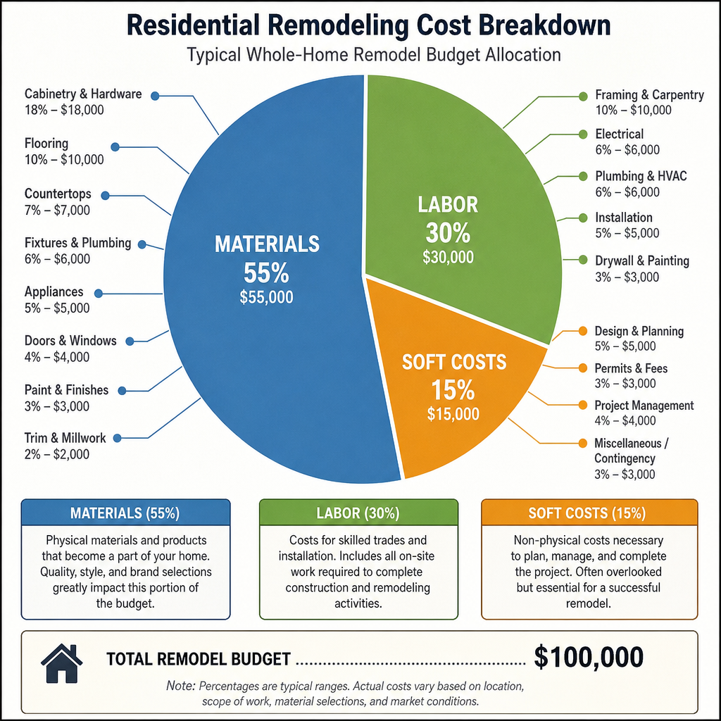 A detailed pie chart showing a residential remodeling cost breakdown including materials, labor, and soft costs