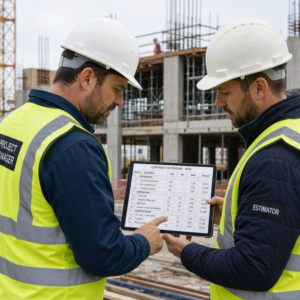 Project manager and estimator reviewing a Contractor Tender BOQ on a digital tablet at a construction site