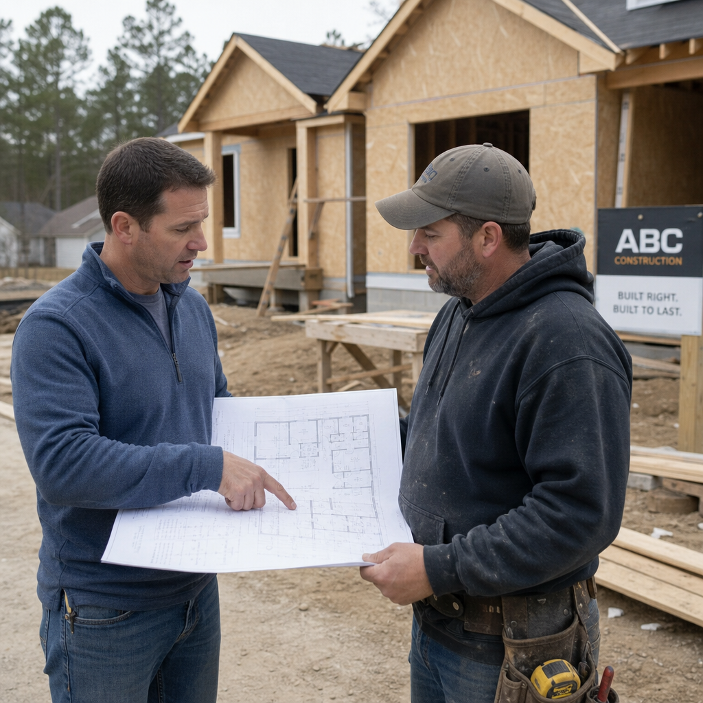 Homeowner discussing architectural plans with a general contractor at a residential construction site