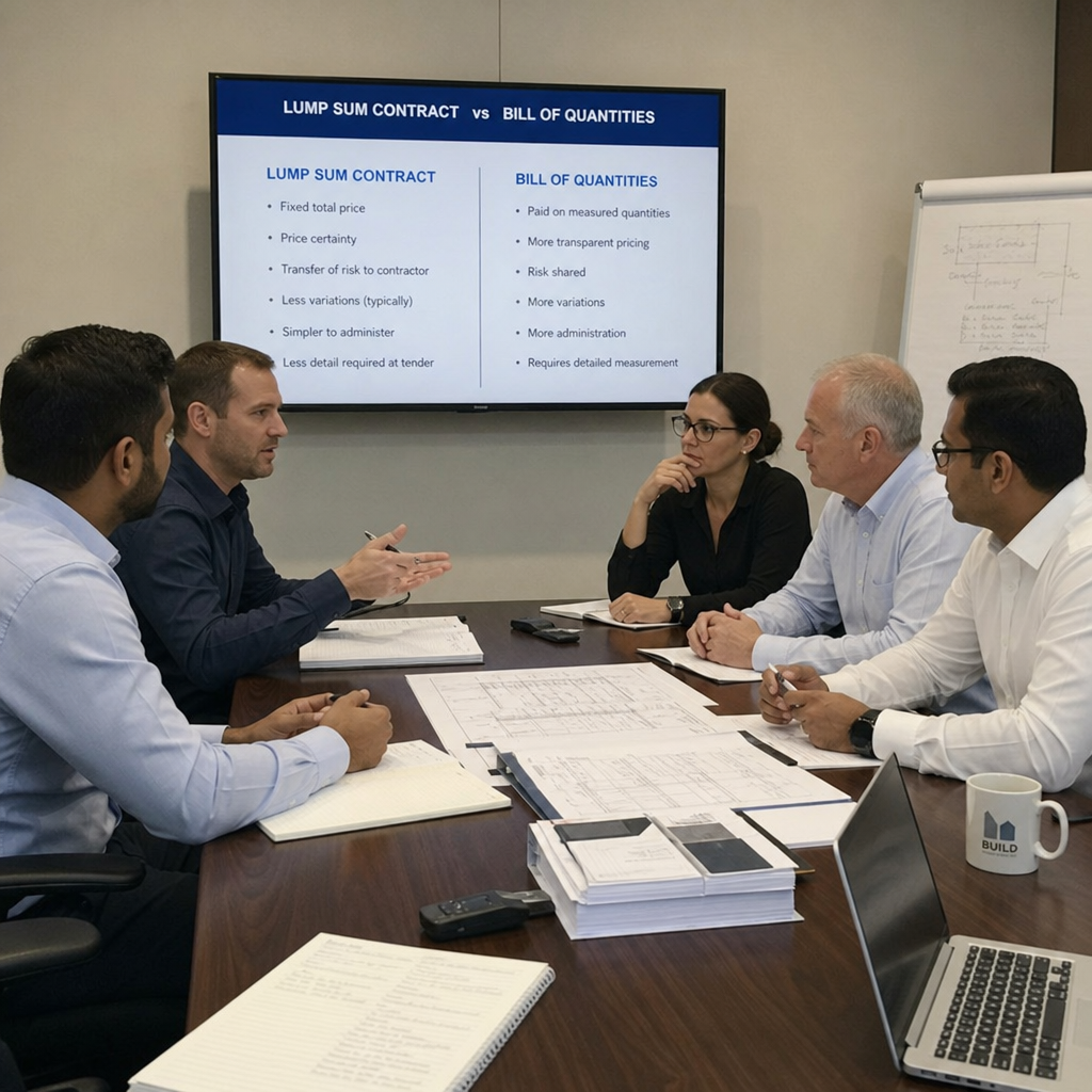 Contractors and clients discussing a lump sum contract vs bill of quantities across a boardroom table
